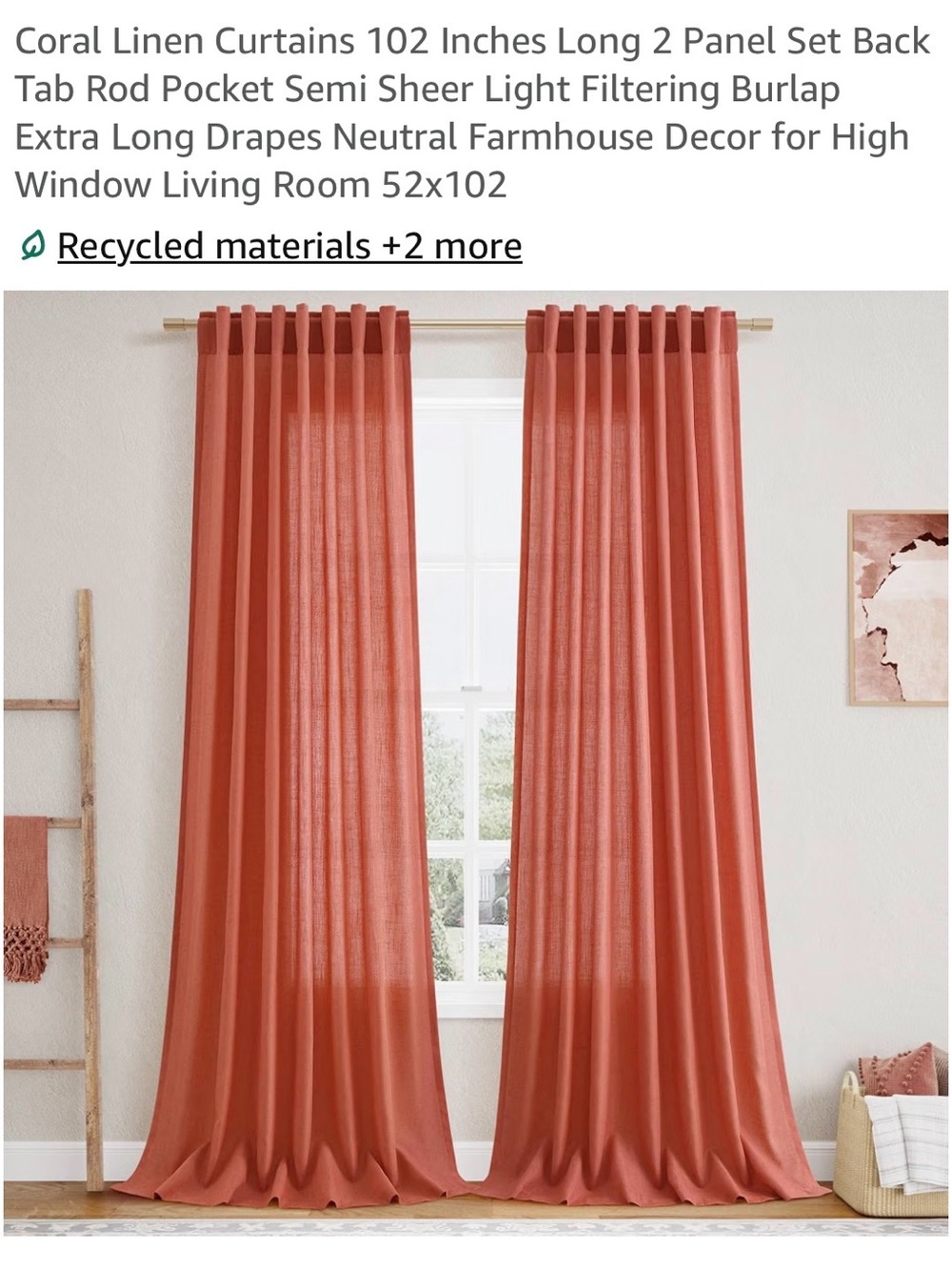 Semi-Sheer Coral Linen-Look Curtain Panels - Set of 4